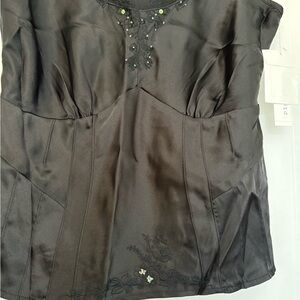 NEW Pursuits Ltd Women MP Black Satin Sleeveless Beaded Sequin Embroidered Top